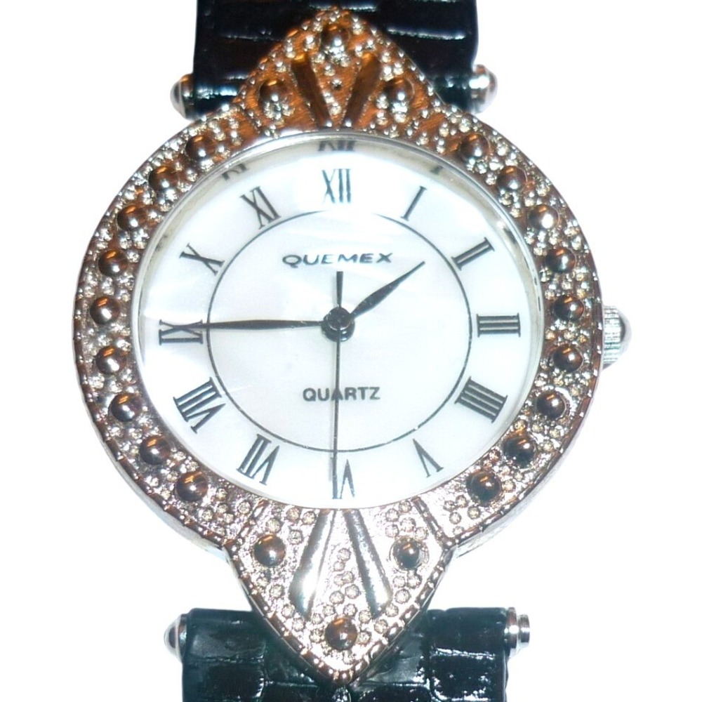 VTG Quemex Womens Watch Art Deco Style Silver Tone Dial‎ Black New Battery NOS